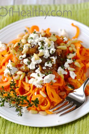 Spiralizer Sweet Potato with Goat Cheese, Caramelized Onions and Pine Nuts| APinchOfHealthy.com