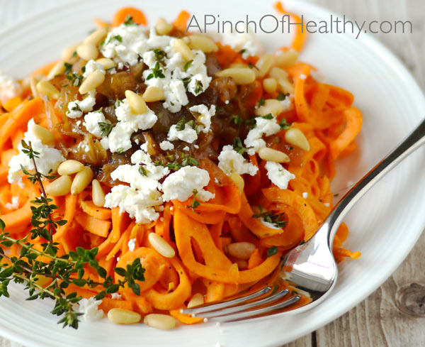 Spiralizer Sweet Potato with Goat Cheese, Caramelized Onion and