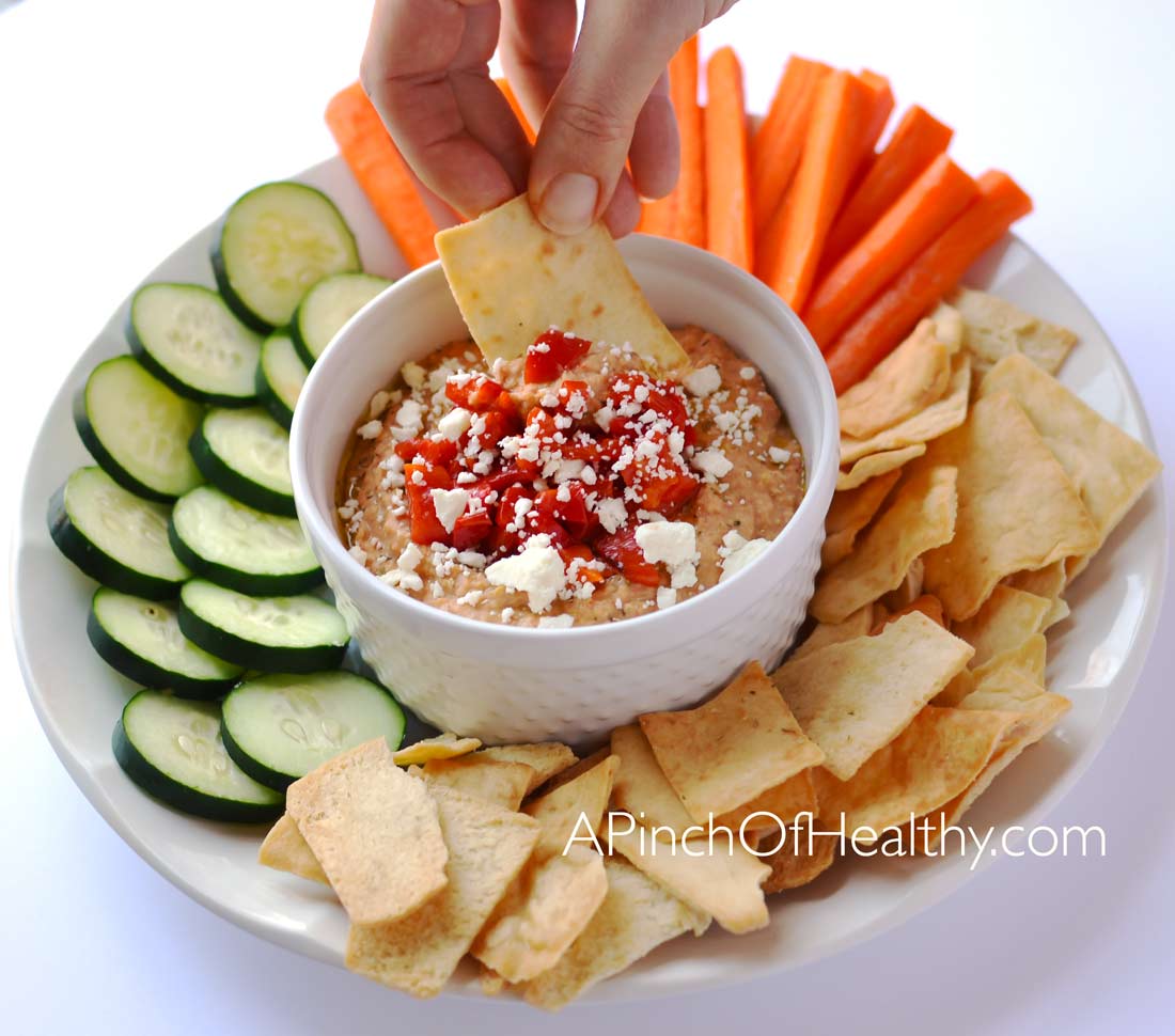 Roasted Red Pepper Hummus| APinchOfHealthy.com