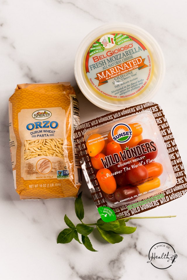 ingredients for caprese orzo salad