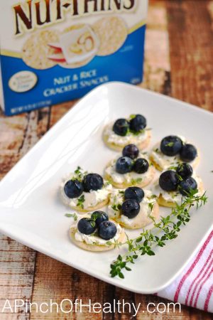 Honey, Goat Cheese and Blueberries on Blue Diamond Nut Thins| APinchOfHealthy.com