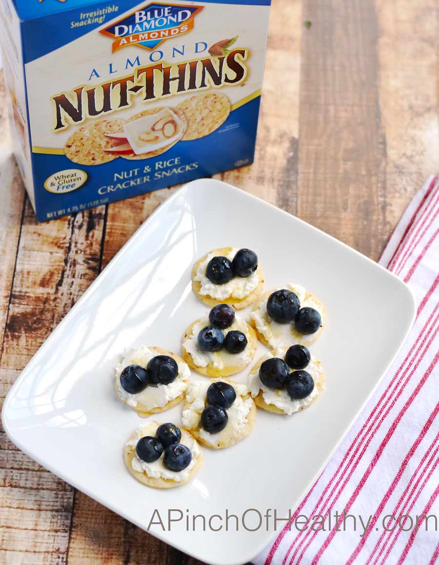Honey, Goat Cheese and Blueberries on Blue Diamond Nut Thins| APinchOfHealthy.com