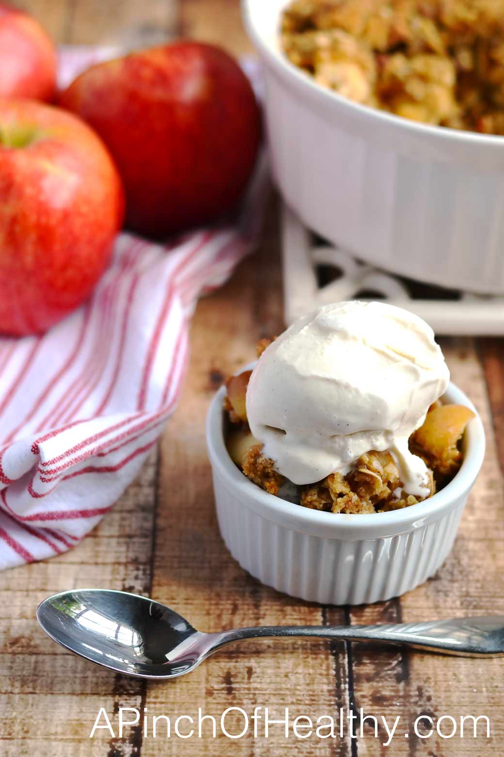 Apple Crisp with Salted Caramel Almond Topping | APinchOfHealthy.com
