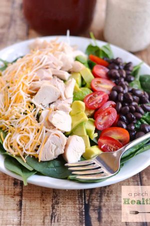 BBQ Ranch Chopped Salad - perfect for using up leftover rotisserie chicken! | APinchOfHealthy.com