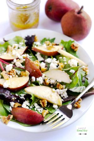 Pear, Goat Cheese and Walnut Salad with Maple Vinaigrette | APinchOfHealthy.com