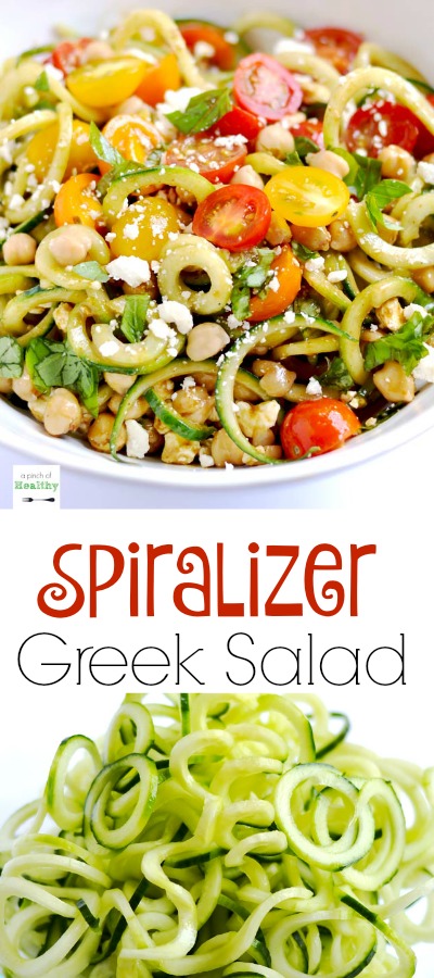 This spiralizer Greek salad is a light and refreshing side dish made with cucumbers, tomatoes, basil, chickpeas, feta cheese and balsamic vinaigrette. | APinchOfHealthy.com