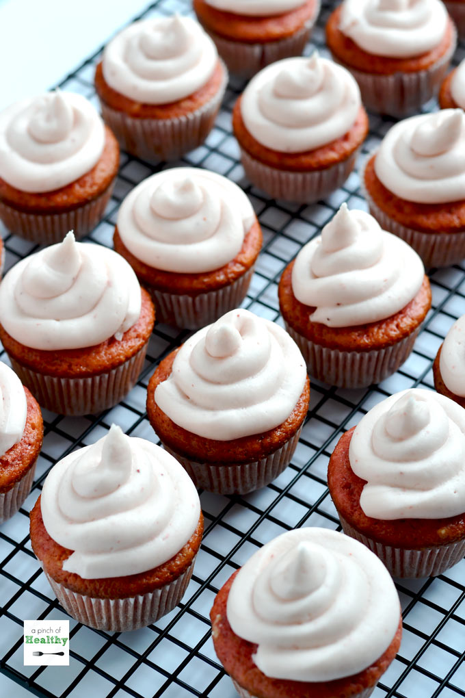Strawberry cupcakes with strawberry cream cheese icing are such a delicious sweet treat, perfect for a birthday party! | APinchOfHealthy.com