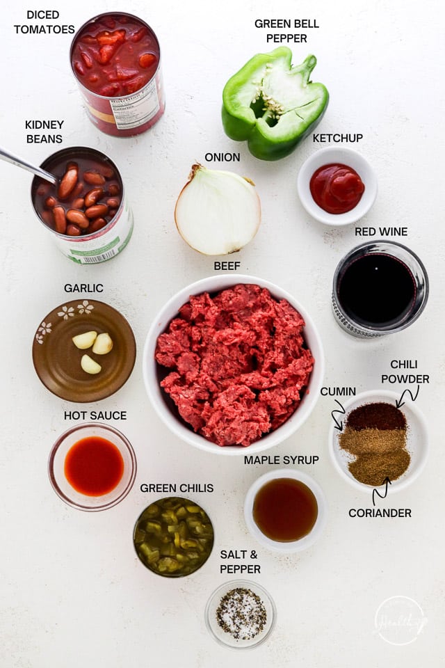 Ingredients with label text on white surface