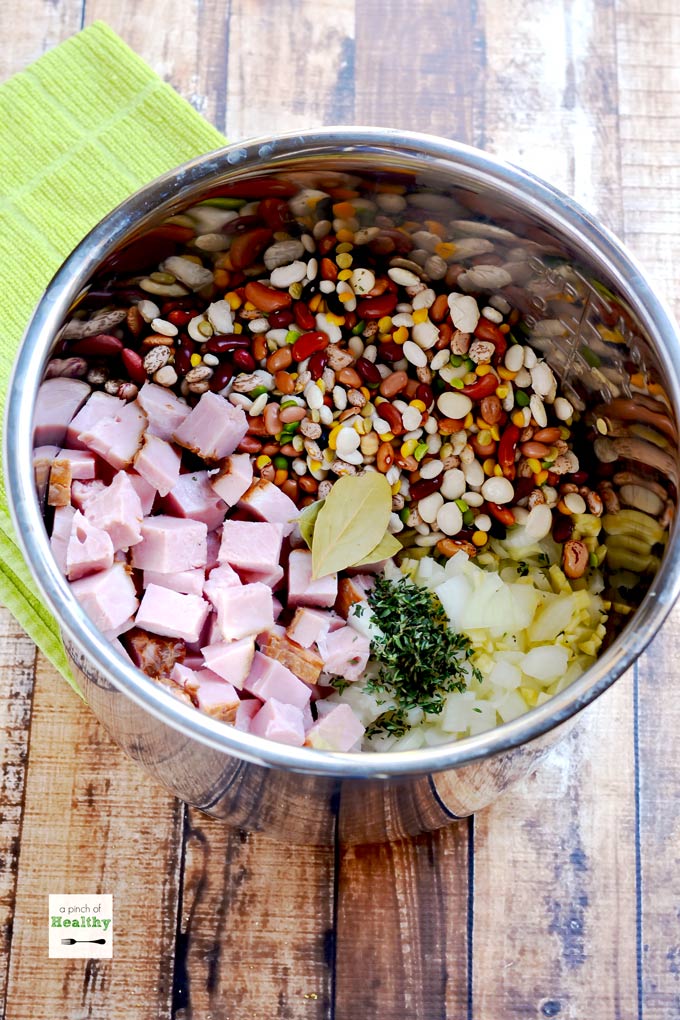15 bean soup ingredients in an Instant Pot inner stainless pot, before cooking