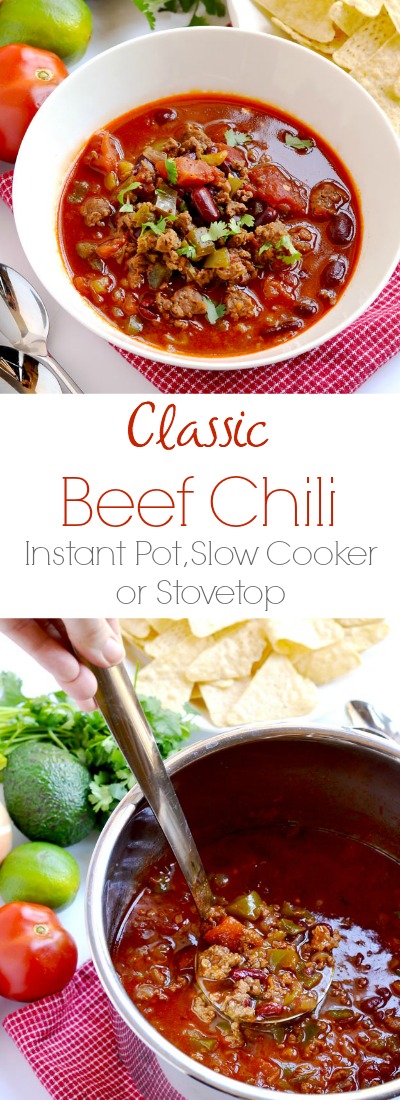 This classic beef chili is a family favorite, and you can make it in an Instant Pot, slow cooker or on the stovetop. | APinchOfHealthy.com