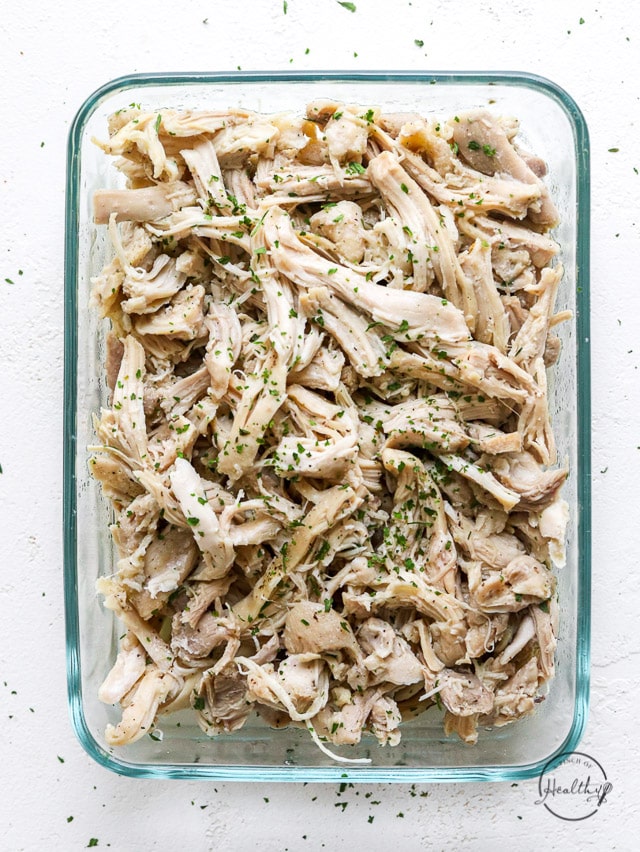 Instant pot shredded chicken in rectangle glass container