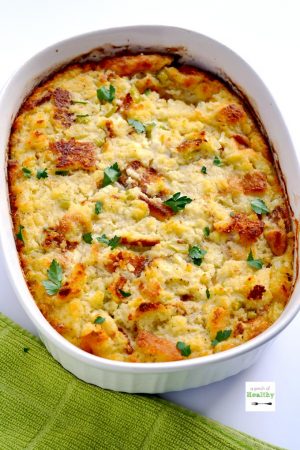 This southern cornbread dressing has been enjoyed in our family every Thanksgiving since I can remember. It is so simple and delicious, and perfect alongside oven roasted turkey breast! | APinchOfHealthy