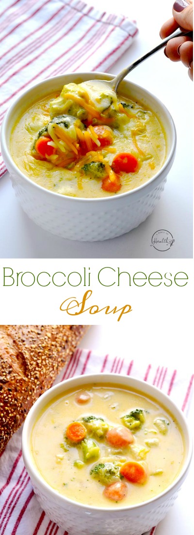 Broccoli cheese soup is creamy, comforting and delicious, and you would never know that this recipe uses no heavy cream. | APinchOfHealthy.com