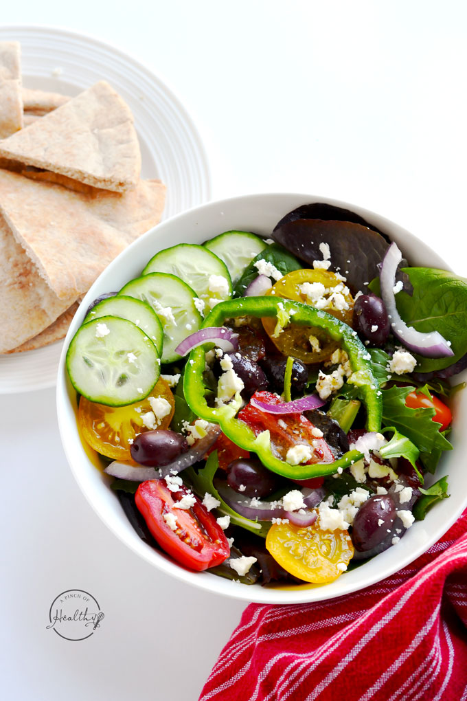 Greek Salad in white bowl single serving