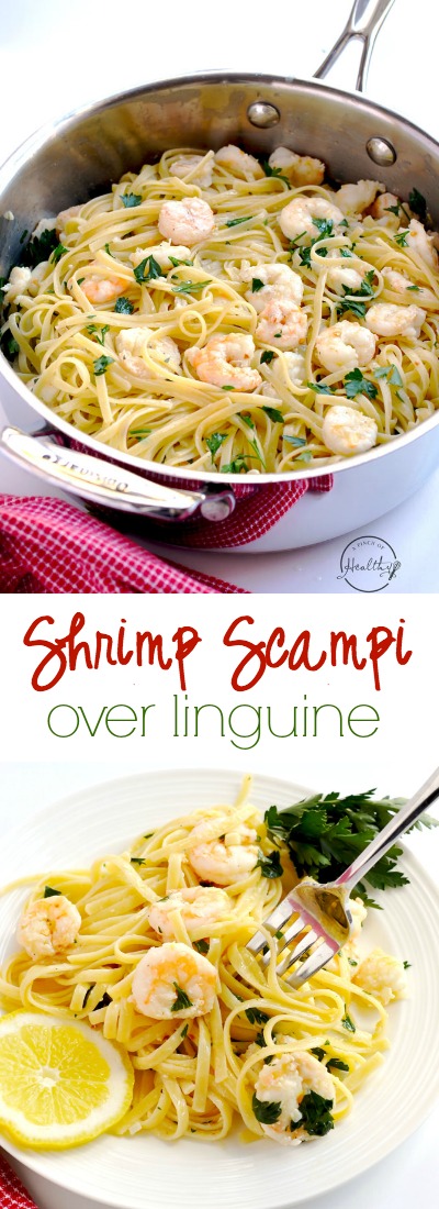 Shrimp scampi over linguine is a delicious and simple dinner that comes together in less than thirty minutes. | APinchOfHealthy.com