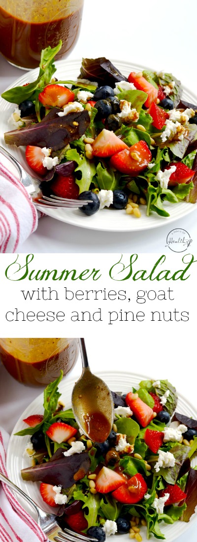 This summer salad with berries, goat cheese and pine nuts is such a simple and elegant dish, bursting with seasonal flavor. | APinchOfHealthy.com