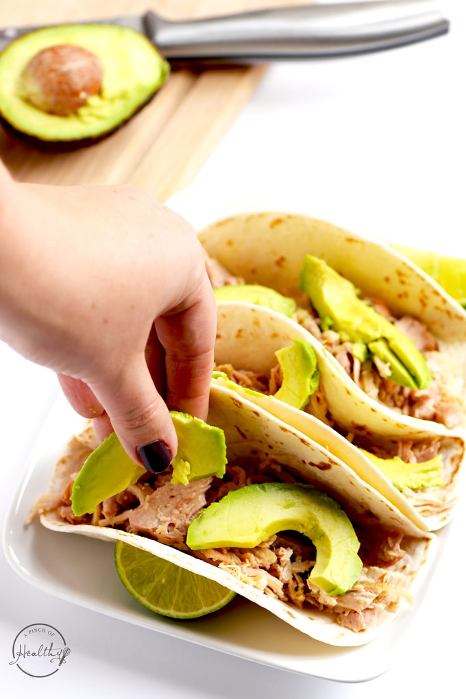 These verde chicken soft tacos with cilantro lime ranch are an easy dinner that is perfect for busy nights when you need a quick dinner. | APinchOfHealthy.com