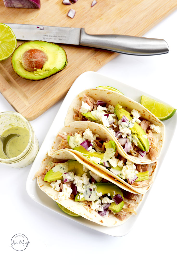 These verde chicken soft tacos with cilantro lime ranch are an easy dinner that is perfect for busy nights when you need a quick dinner. | APinchOfHealthy.com