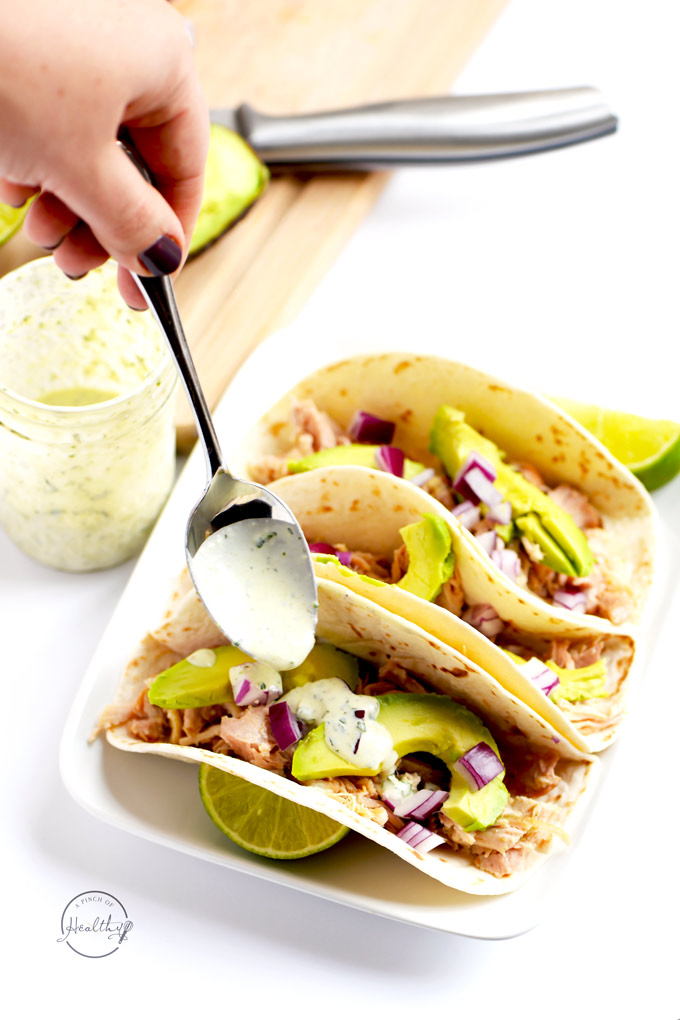 These verde chicken soft tacos with cilantro lime ranch are an easy dinner that is perfect for busy nights when you need a quick dinner. | APinchOfHealthy.com