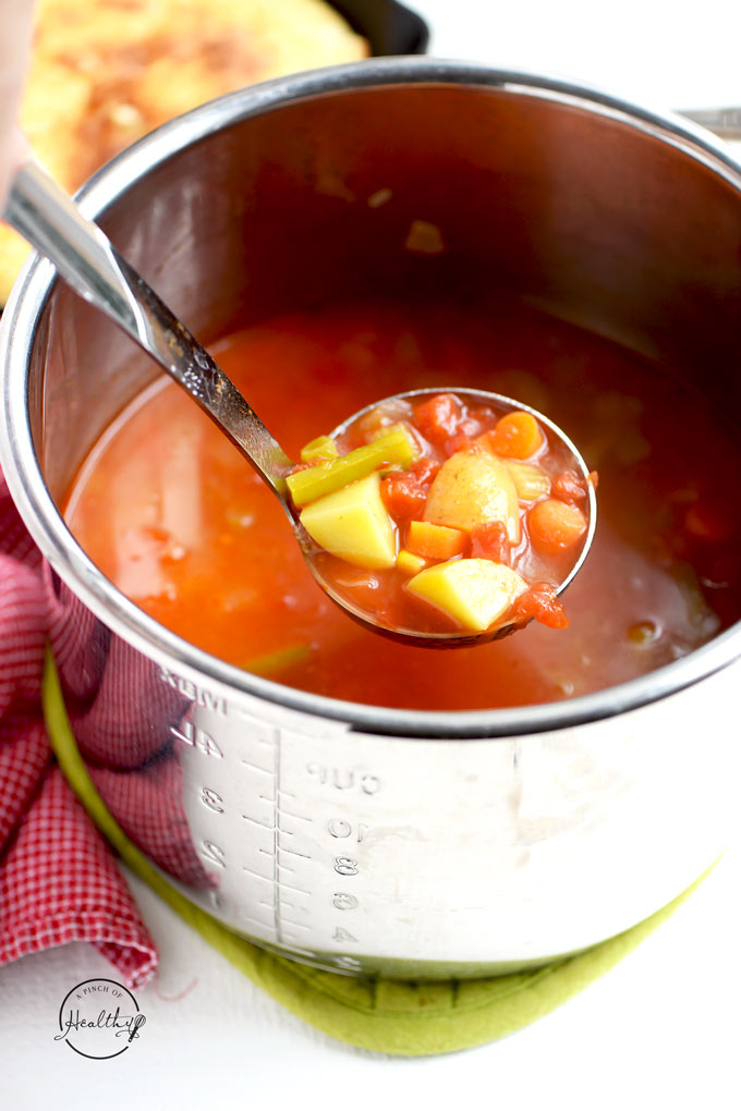 Tomato vegetable soup is a simple, comforting and tasty way to eat more veggies. And you can make it on the stovetop or in your Instant Pot. | APinchOfHealthy.com