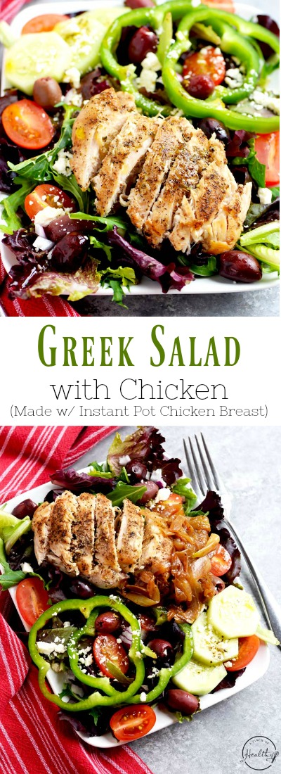 My Greek salad with chicken is so delicious and satisfying, and it is inspired by Zoe's Kitchen. Tomatoes, cucumbers, kalamata olives, feta cheese, bell pepper rings, caramelized onion. | APinchOfHealthy.com