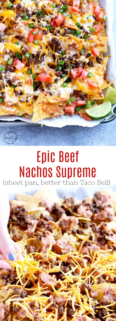 You need to make this epic beef nachos supreme at your next game day. Seasoned ground beef, refried beans, cheese, tomatoes and green onions. #nachos #sheetpan APinchOfHealthy.com