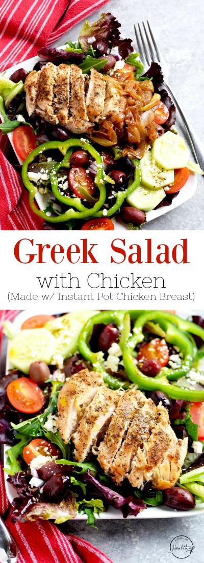 My Greek salad with chicken is so delicious and satisfying, and it is inspired by Zoe's Kitchen. Tomatoes, cucumbers, kalamata olives, feta cheese, bell pepper rings, caramelized onion. | APinchOfHealthy.com