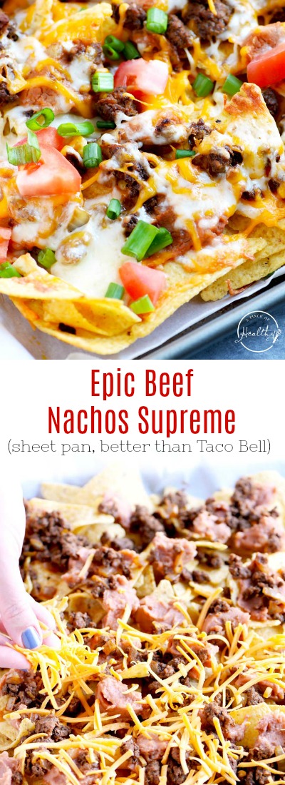 You need to make this epic beef nachos supreme at your next game day. Seasoned ground beef, refried beans, cheese, tomatoes and green onions. #nachos #sheetpan APinchOfHealthy.com