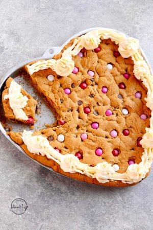 Peanut butter chocolate chip cookie cake heart shaped