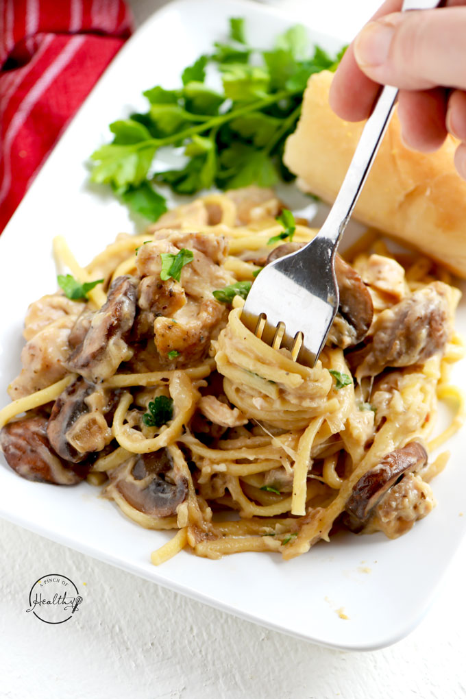 Chicken tetrazzini with mushrooms, garlic, wine and parmesan cheese