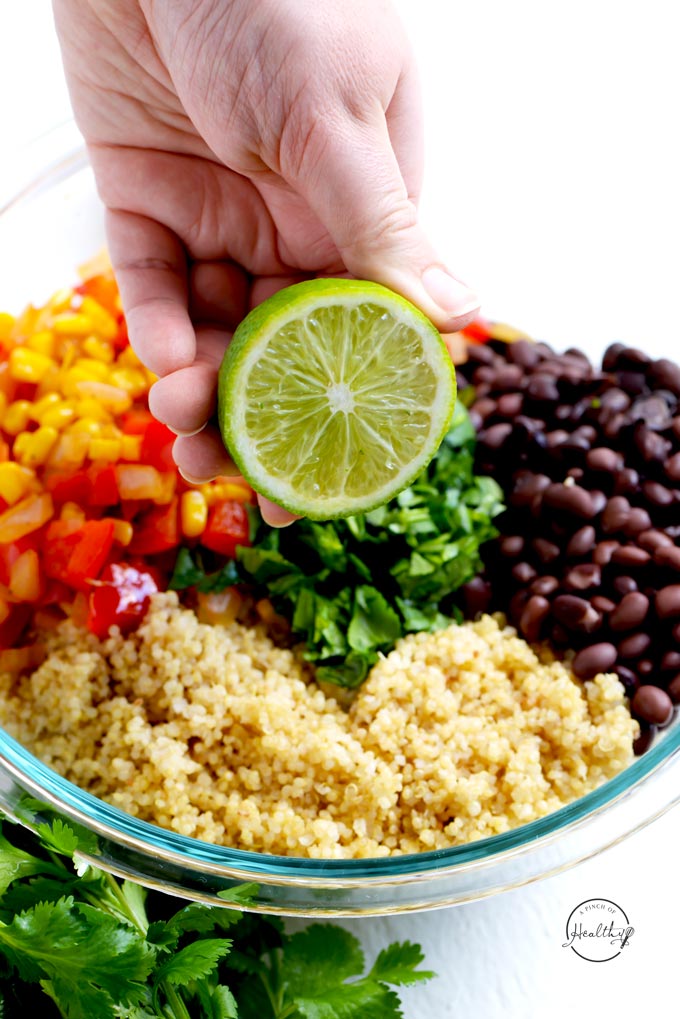 Quinoa black bean salad with corn, red pepper, onion, cilantro and lime