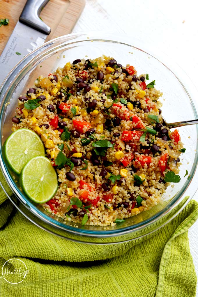 Quinoa black bean salad with corn, red pepper, onion, cilantro and lime