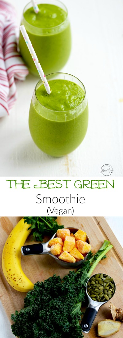 My green monster smoothie is the BEST green smoothie recipe, and my kids request it constantly (yes, really!).&nbsp;Kale, mango, banana, ginger, parsley, pumpkin seeds and almond milk. #greensmoothie #greenmonster | APinchOfHealthy.com width=
