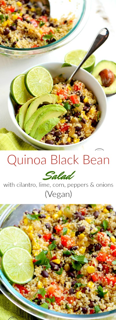 Quinoa black bean salad with cilantro and lime is a delicious and easy lunch or dinner to make ahead and eat all week. #quinoa #quinoasalad #quinoablackbeansalad #vegan | APinchOfHealthy.com