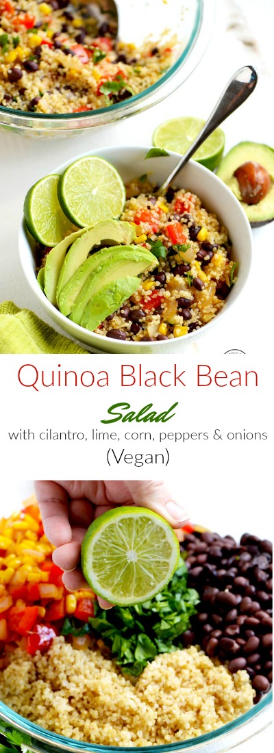 Quinoa black bean salad with cilantro and lime is a delicious and easy lunch or dinner to make ahead and eat all week. #quinoa #quinoasalad #quinoablackbeansalad #vegan | APinchOfHealthy.com