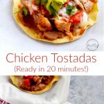 Chicken tostadas with refried beans, chicken, cheese, tomatoes, guacamole and sour cream