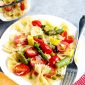 Pasta primavera with squash, asparagus, shallot, garlic, tomatoes