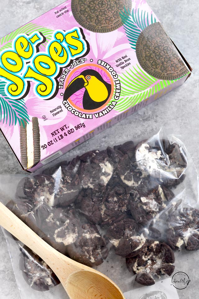 Crushed Joe Joes in a ziplock bag used to make cookies and cream ice cream