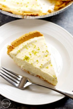 Easy key lime pie slice closeup on white plate