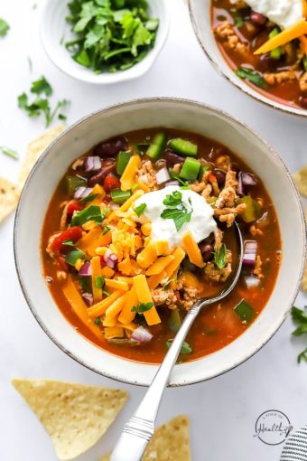 healthy turkey chili in a white bowl with spoon