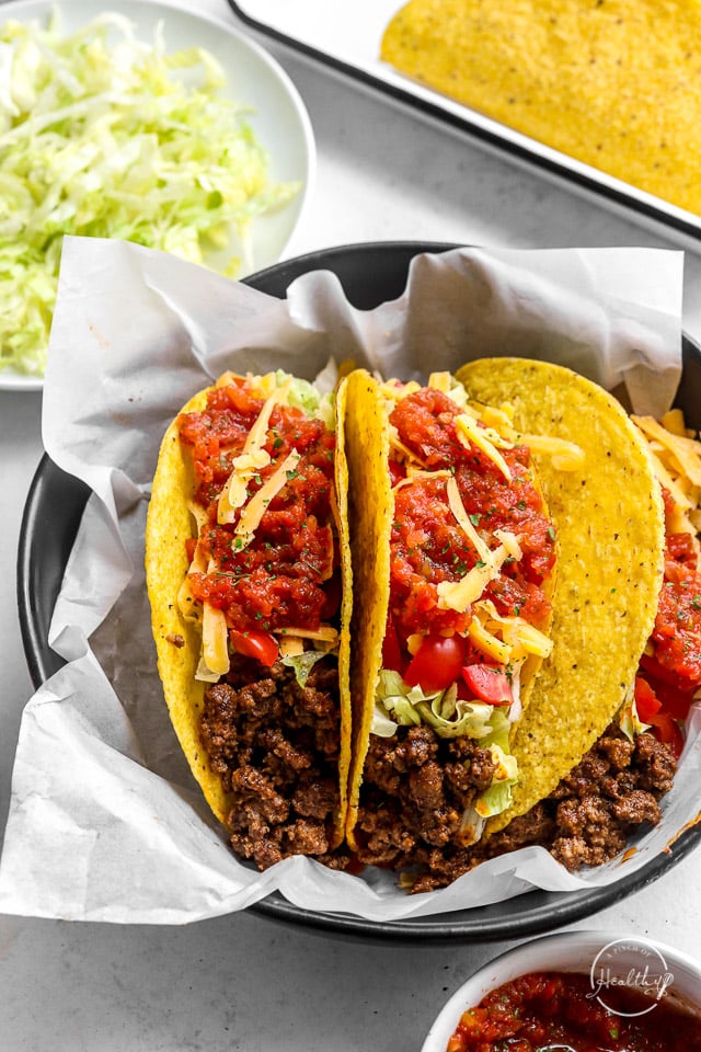 Ground beef tacos shot closeup in a bowl