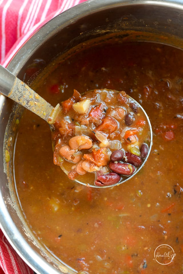 ladle serving Instant Pot vegan chili