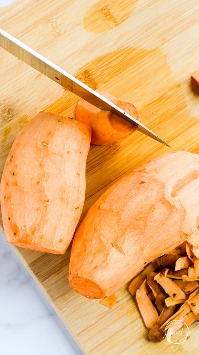 cutting sweet potato into even sized pieces
