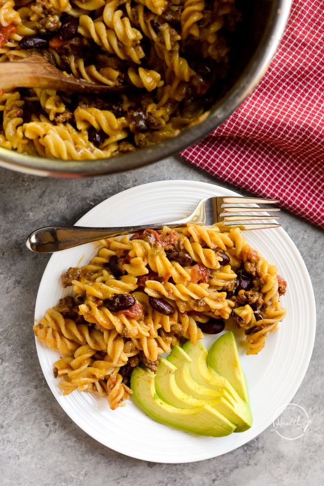 Instant Pot chili mac on gray table