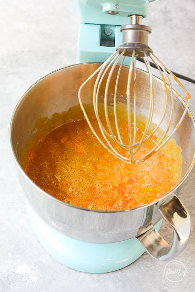 carrot cake batter in a stand mixer
