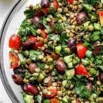 Lentil salad closeup in glass bowl