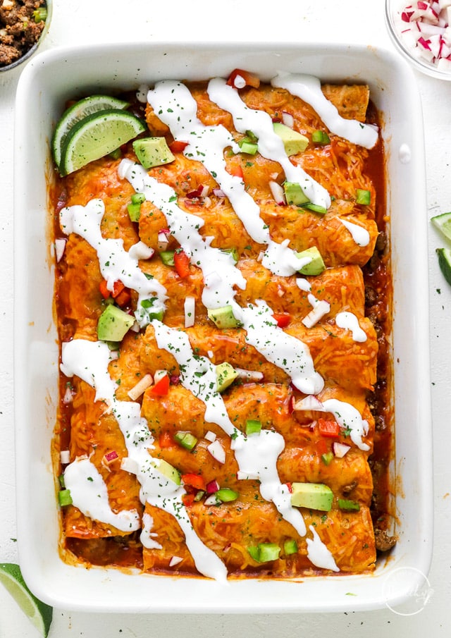 Easy beef enchiladas in casserole dish