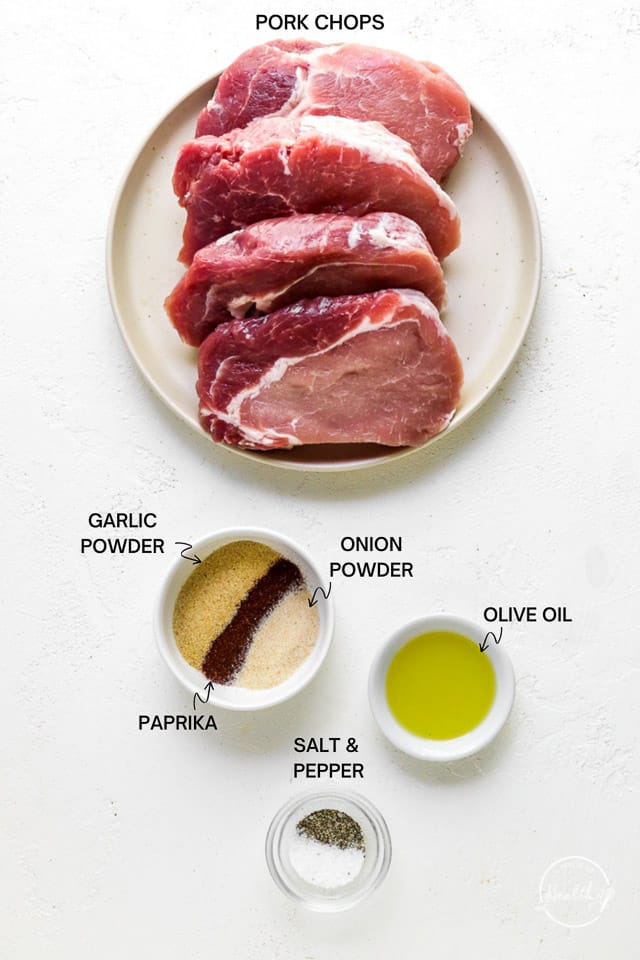 raw meat and seasoning ingredients, on white surface with label text