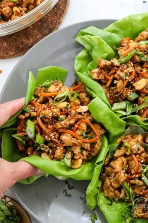 Hand grabbing a Thai chicken lettuce wrap off a plate