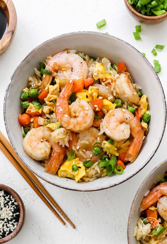 Shrimp Fried Rice in a bowl with chopsticks